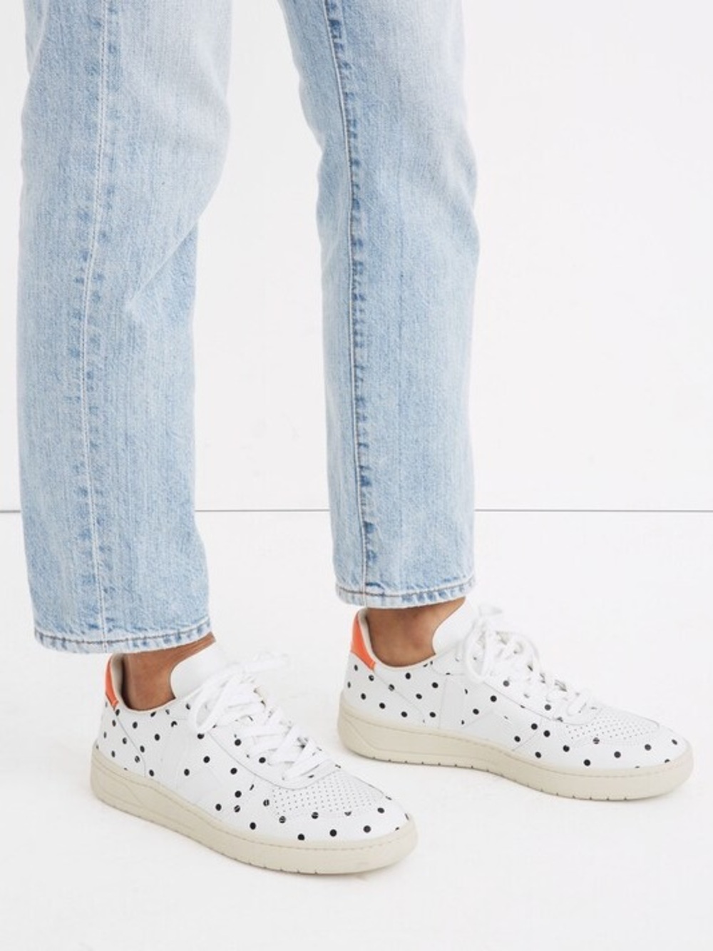 VEJA White Polka Dot Leather Sneakers with Orange Heel Accent